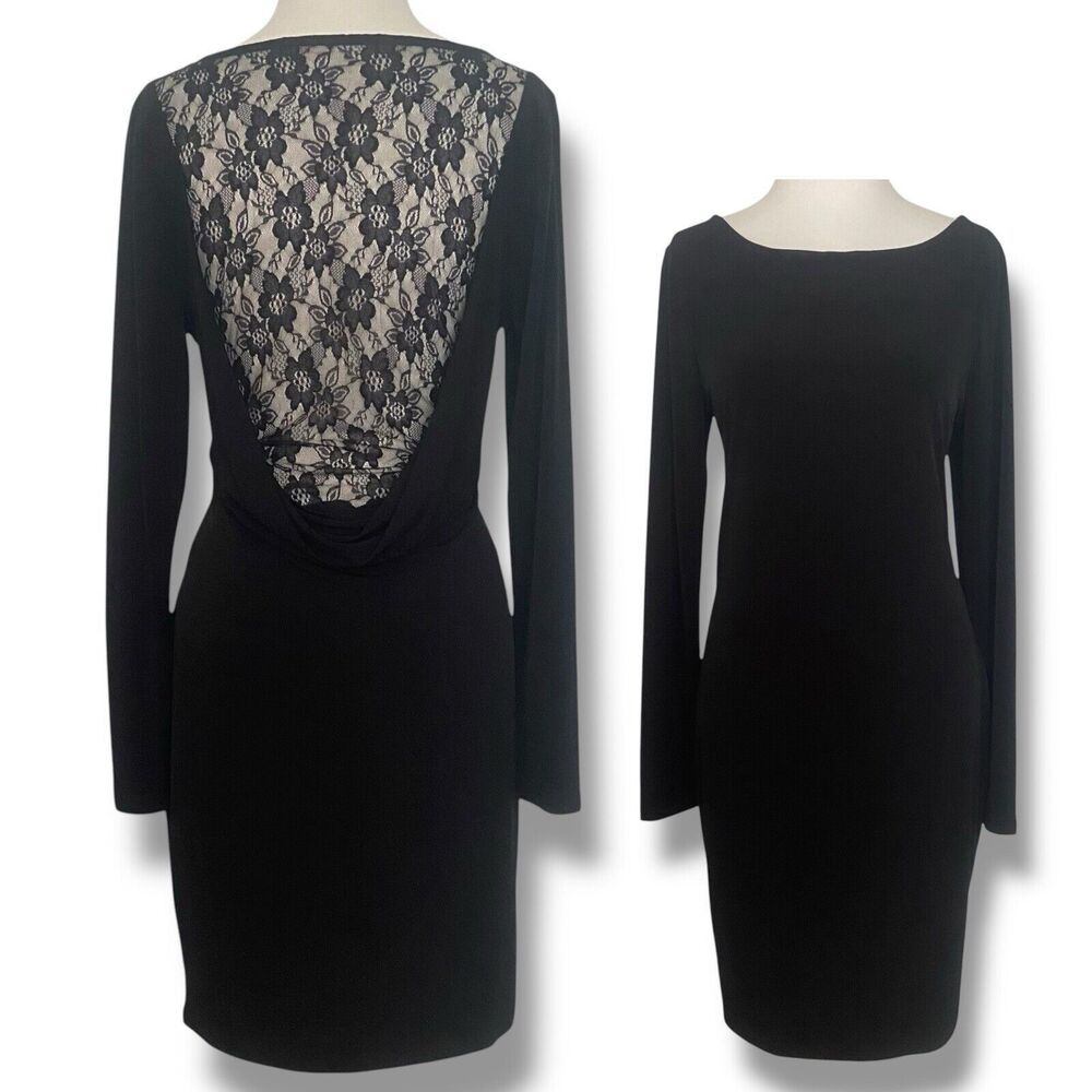 Jennifer Lopez Lace Cowl Back Black Knee Length Dress Women's Size L Long Sleeve